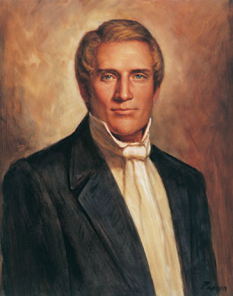 A painted portrait of Hyrum Smith. He has blond hair and wears a black suit coat, white shirt and white cravat.